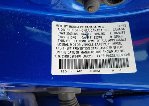 2019 Honda Civic Lx from USA, damaged, VIN 2HGFC2F61KH508020